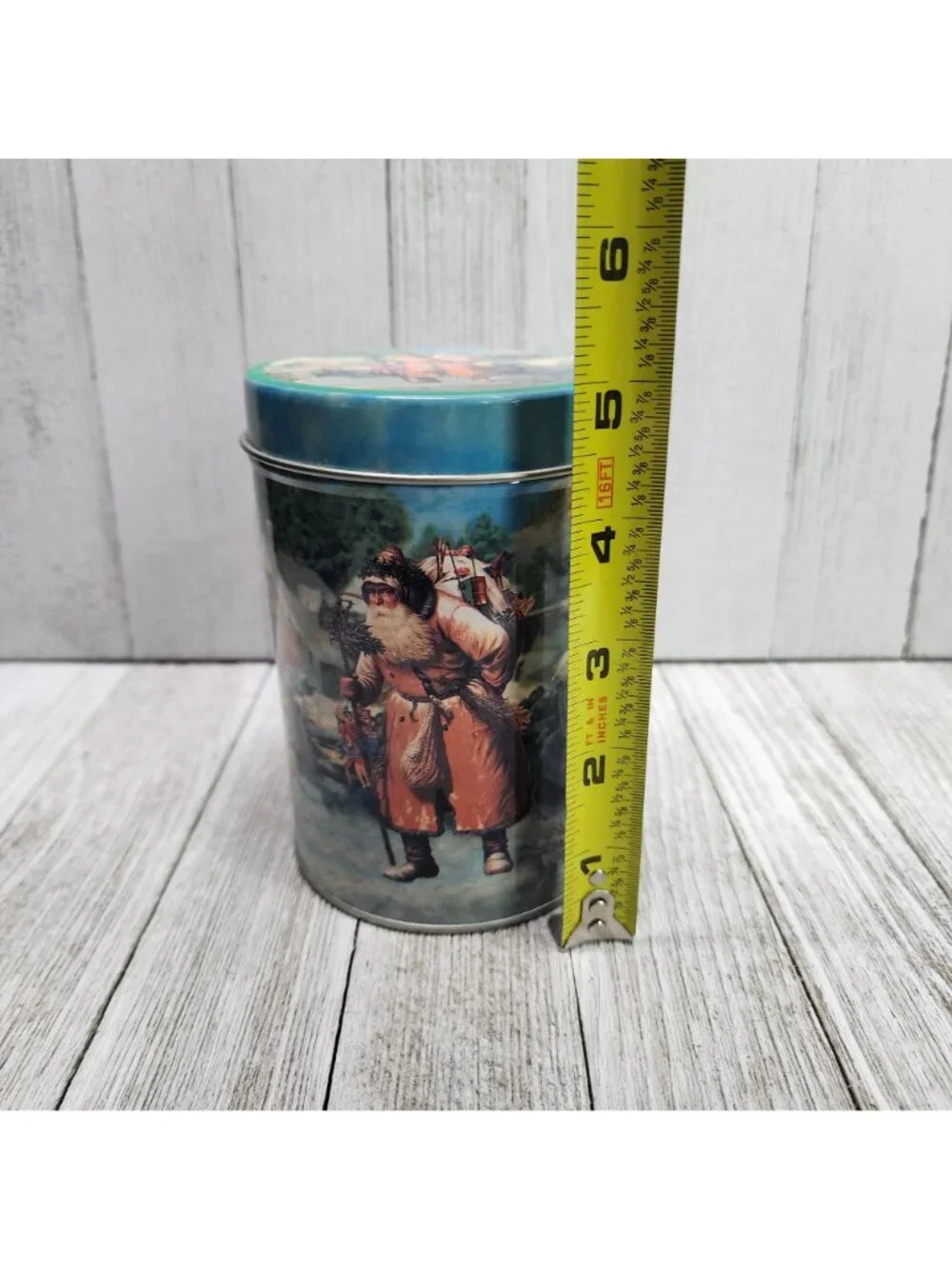 Vintage Christmas Holiday Nesting Tin Container Metal Storage Round 5'' Tall